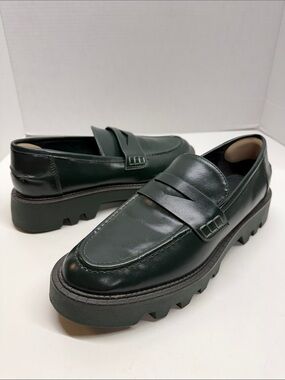 Zara Penny Loafers Chunky Platform Shoes Slip On Leather Loafer Green Size 41 10